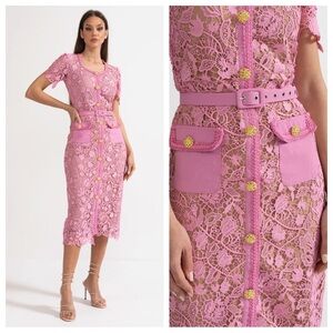 Elegant Pink Lace Midi Dress